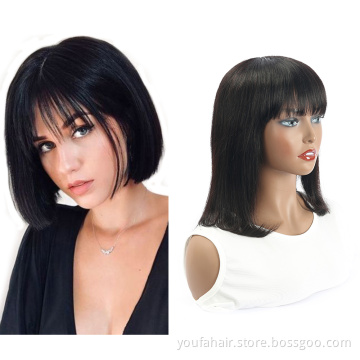 Low Price Brazilian Hair Short Bob Wigs With Fringe Bangs Non Lace Curly Pixie Cut Bob Wig Full Machine Glueless Human Hair Wigs
